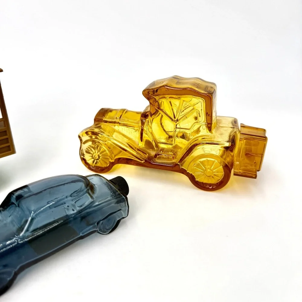 Avon Vintage Glass Car After Shave Bottles Set of 3 Green Amber Blue MCM Decor